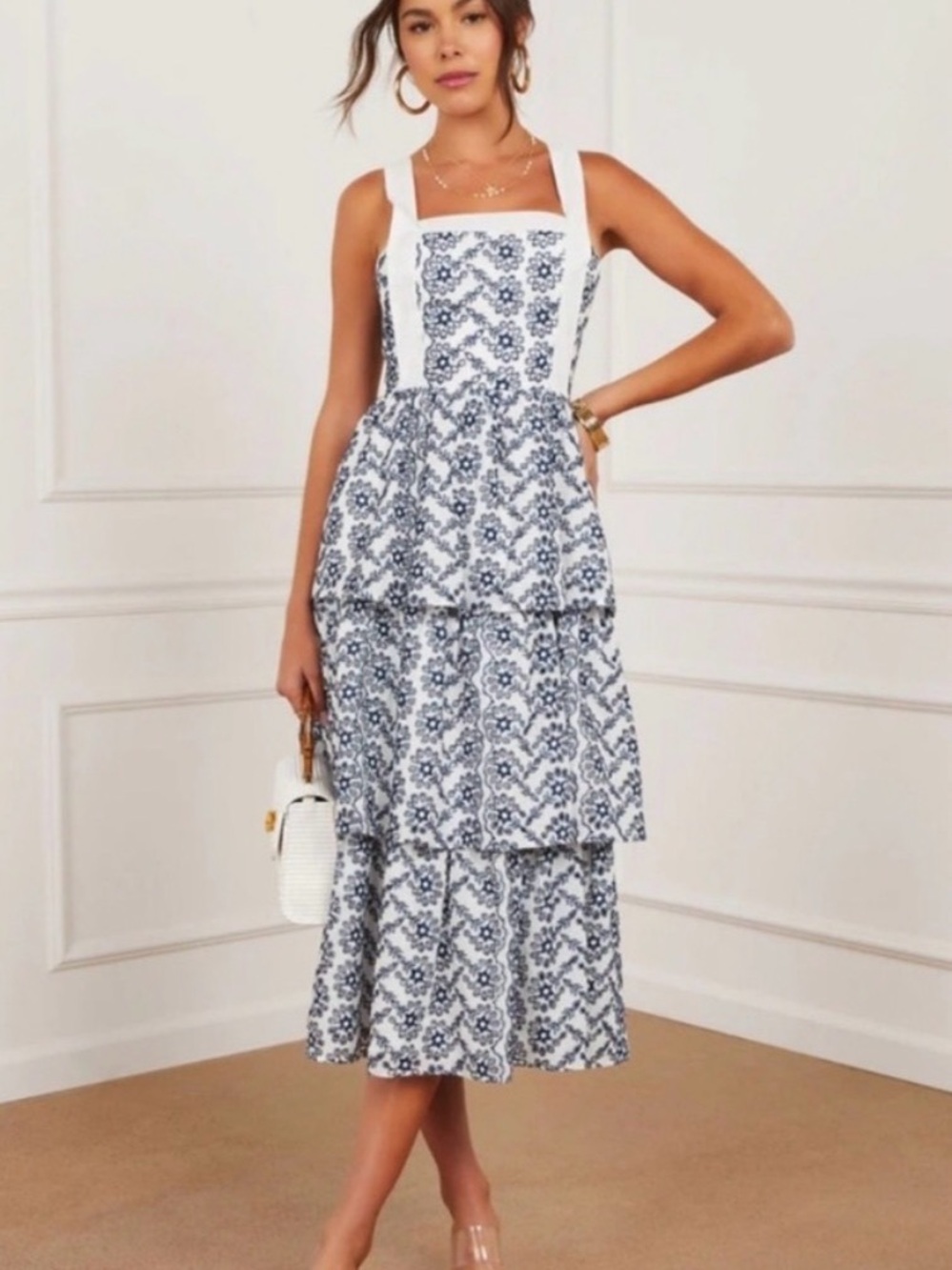Vici White and Blue Tiered Square-Neck Midi Dress